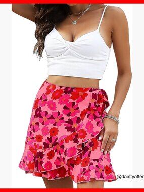 Polyester Wrap Mini Skirt with Ruffle Hem and High Waist